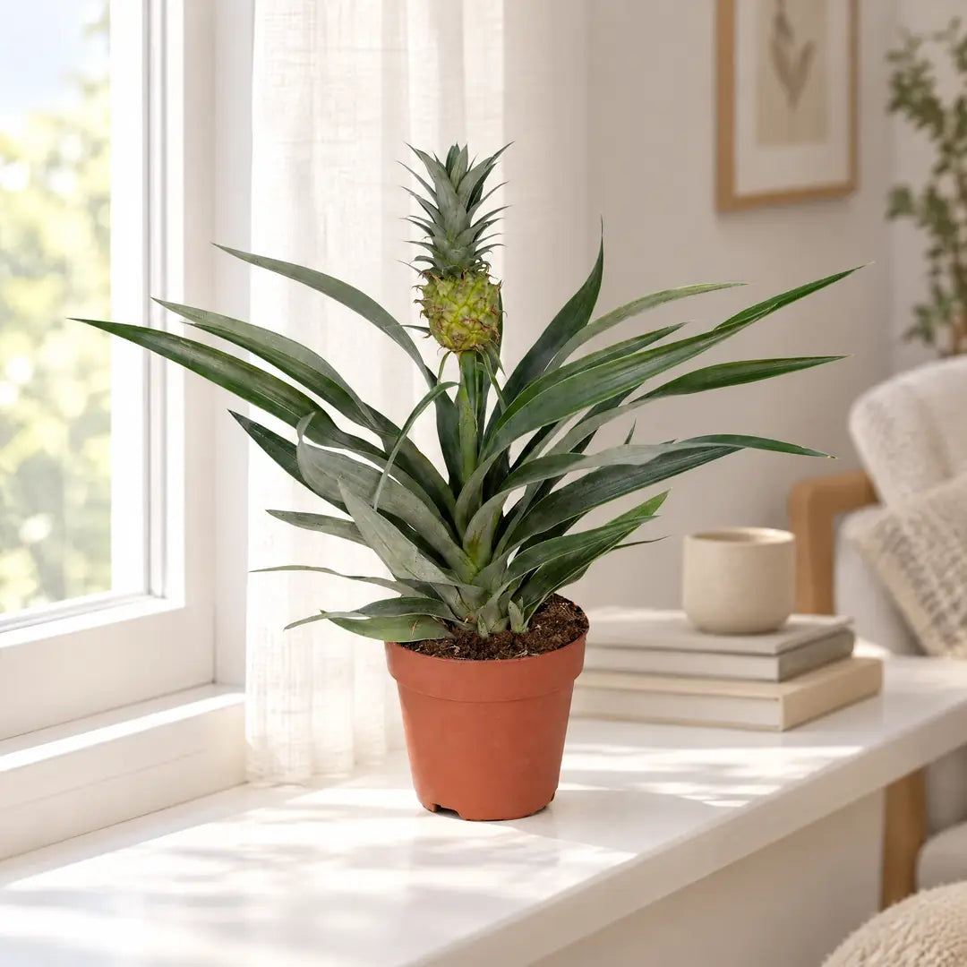 Grüne Zierananas im Kulturtopf auf einer hellen Fensterbank im Wohnzimmer