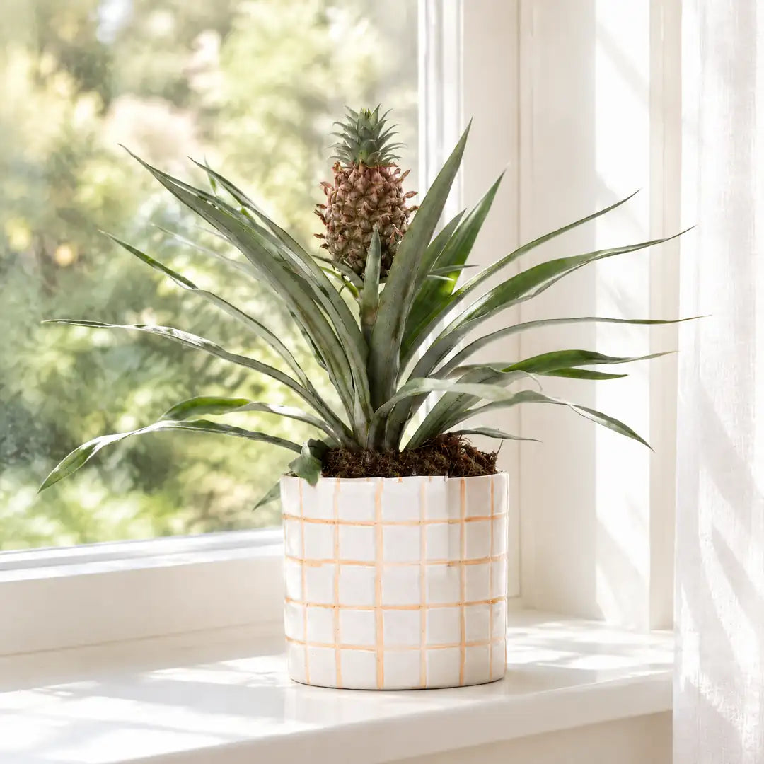 Zierananas Rosita auf der hellen Fensterbank in der Morgensonne