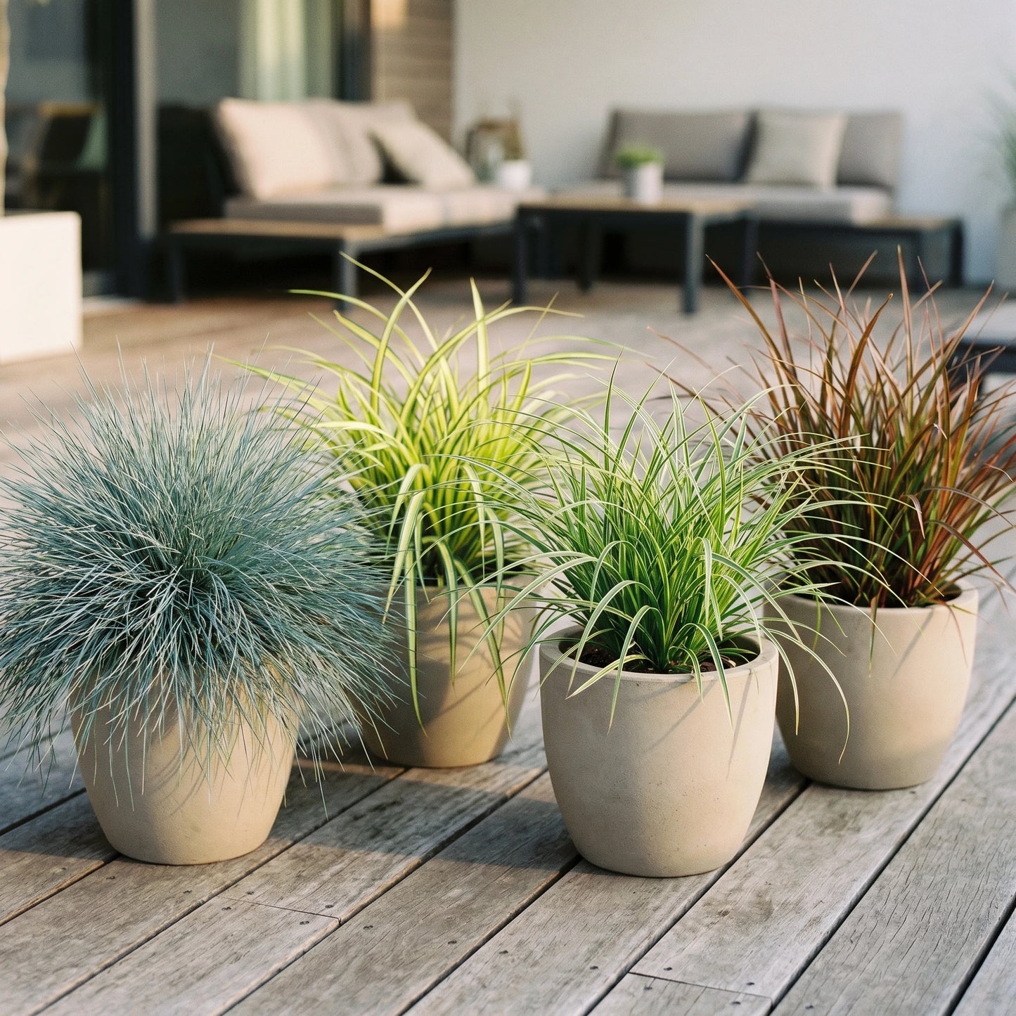 Ziergräser-Set XL mit vier Gräsern in Blau, Gold, Grün-Weiß und Rot im Gartenbeet