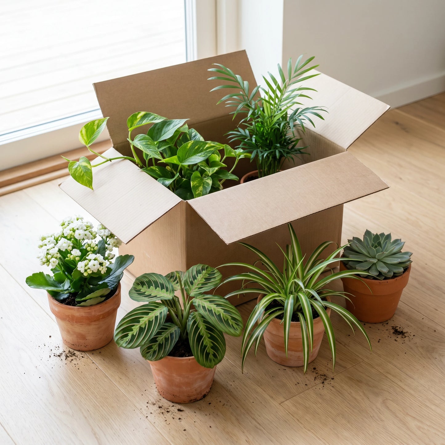 Zimmerpflanzen 6er Set – Überraschungsbox mit sechs gemischten Zimmerpflanzen in Terrakottatöpfen am Fenster