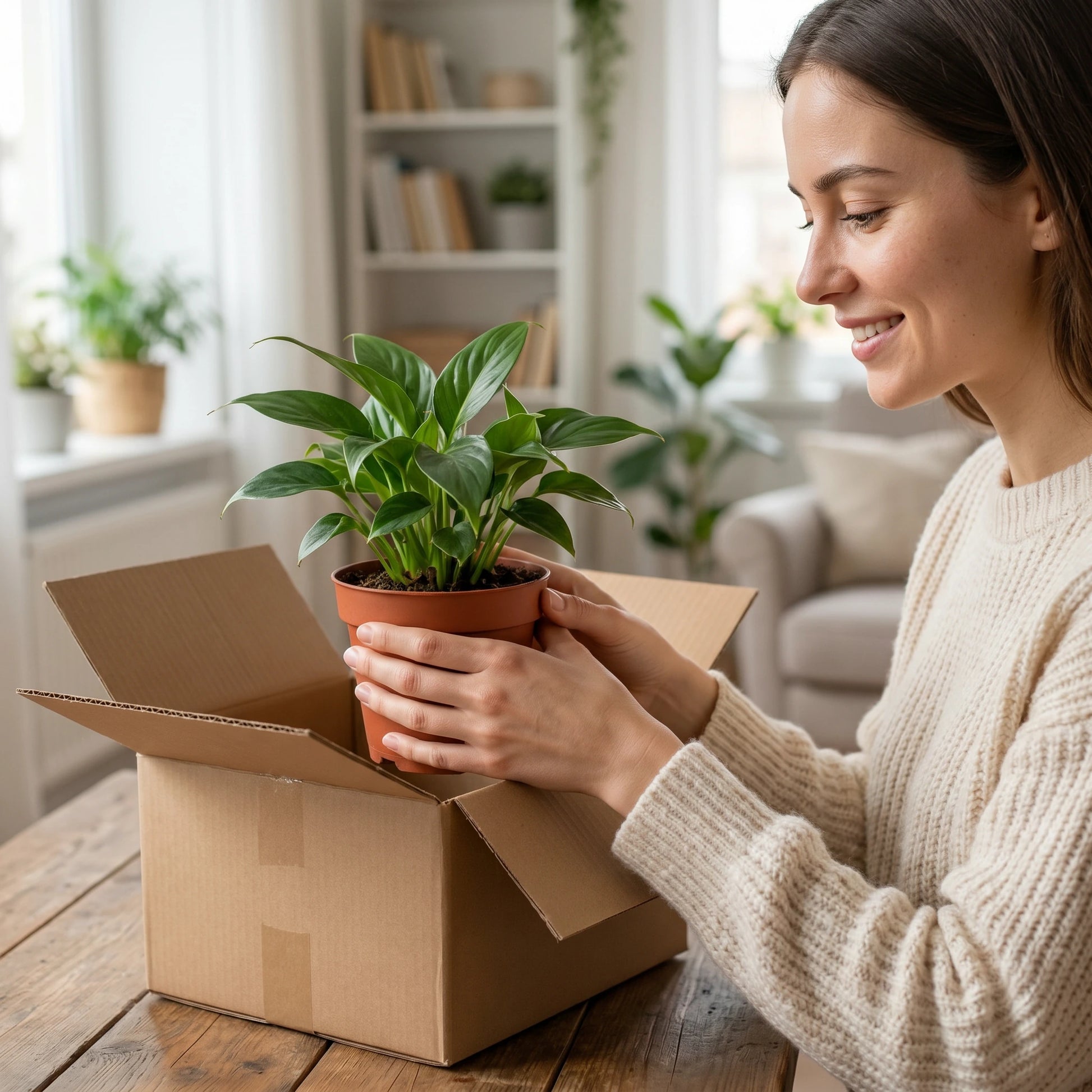 Frau packt das Zimmerpflanzen 6er Set aus dem Versandkarton aus